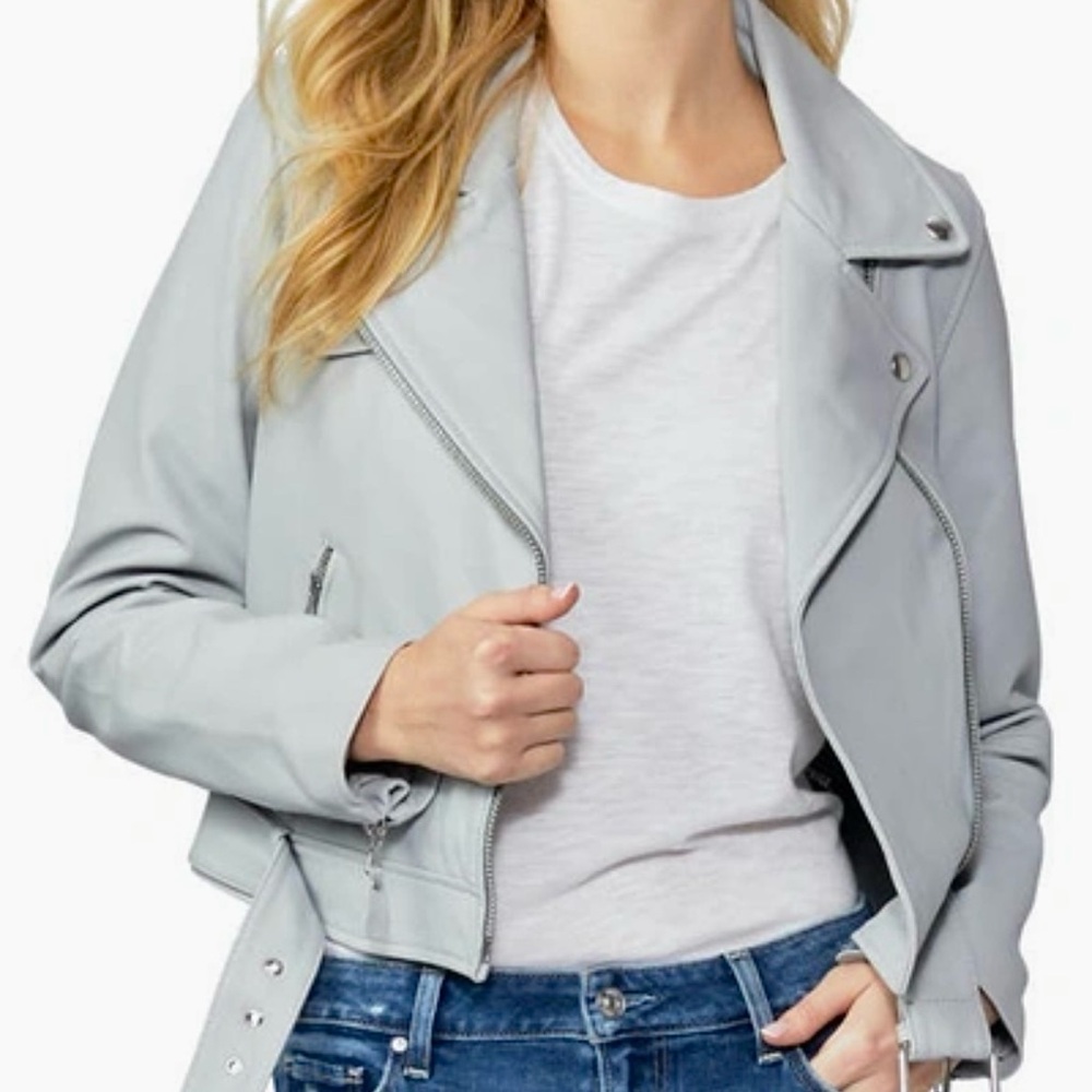 Light Gray Belted Leather Moto Jacket